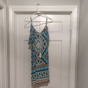 Blue and Brown Sleeveless Spaghetti Strap Sundress